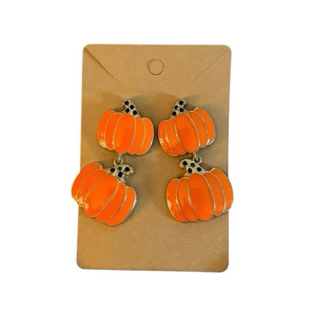 Pumpkin Halloween Earrings Orange Dangle with Green Rhinestone Stems